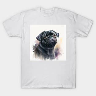 Black Pug Watercolour Style Painting T-Shirt